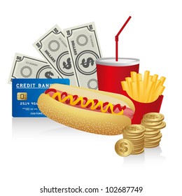 fast food combo with a hot dog,  french fries, soda, coins, credit card and coins, vector illustration