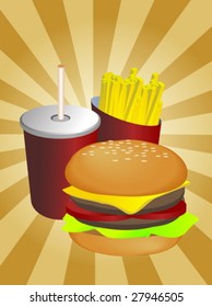 Fast food combo illustration, hamburge fries drink