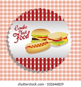 fast food combo label with a hamburger, hot dog and sandwich, vector illustration