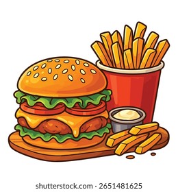 a fast food combo meal featuring a juicy cheeseburger and French fries