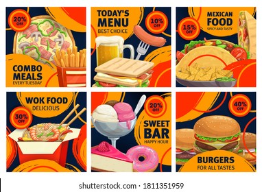 Fast food combo meals sale promo posters. Vector pizza, cheeseburger and french fries with sandwich and beer. Sweet bar donut, pie and ice cream desserts. Burgers, wok noodles and tacos takeaway food