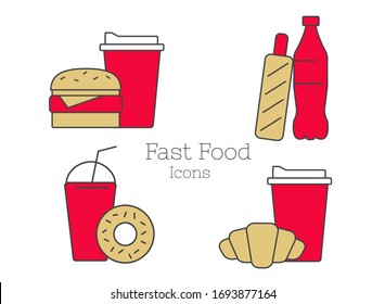Fast food combo menu compositions of snack or lunch, line simple icon illustration in red and mustard yellow color
