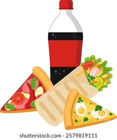 Fast Food Combo – Pizza, Shawarma and Soda. Vector Illustration