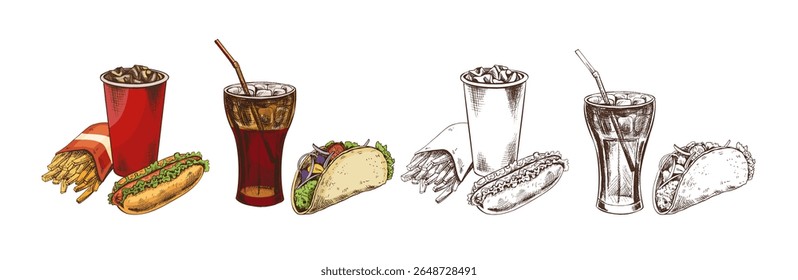 Conjunto de comida rápida con hamburguesa dibujada a mano, taco, hot dog, patatas fritas y bebidas gaseosas. Incluye versiones en color y monocromo. Ilustración vectorial de Antiguas, aislado en el fondo blanco.
