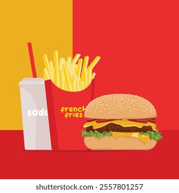 Fast food combo, soda french fries and hamburger, vector illustration