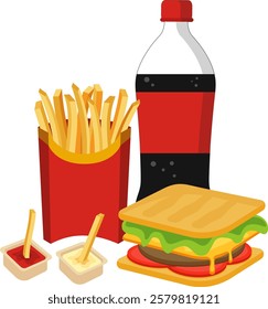 Fast Food Combo – Soda, French Fries, and Sandwich. Vector Illustration