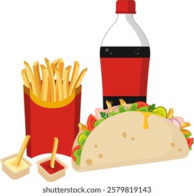 Fast Food Combo – Soda, French Fries, and Taco. Vector Illustration