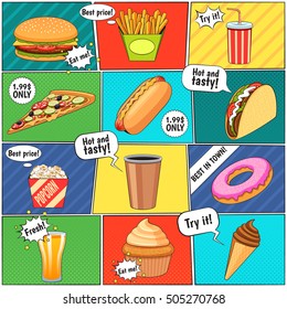 Fast food comic panels icons composition page with speech balloons and colorful backgrounds advertisement poster vector illustration 