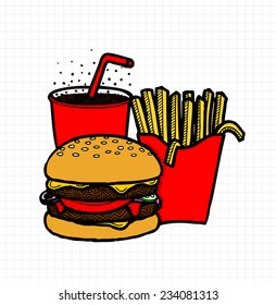 Fast Food Composition, Burger, French Fries and Cola, Hand Drawn Sketch, Colored Outlines 