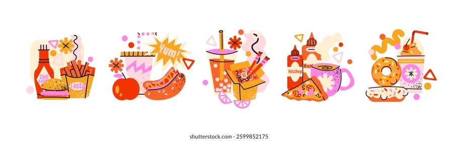 Fast food composition cartoon set. Featuring fries, ketchup, burgers, and abstract decorative elements. Doodle and vibrant illustrations for street food and snack concept