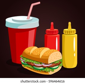 Fast food composition. Menu element for cafe or restaurant