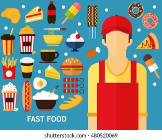 Fast Food concept background. Flat icons.