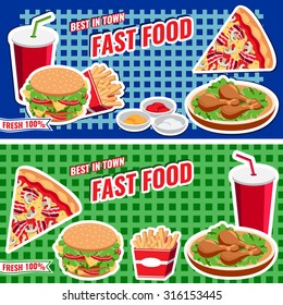 Fast food concept banner flat style, vector banner templates with burger, pizza, soda, fries for web design, placard, billboard.