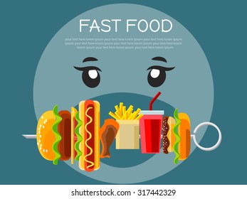 Fast food concept banner flat design. Cartoon person with opened mouth eating food on skewer