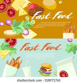 Fast food concept banner flat style. Vector horizontal templates set with vegetables, cheese, hamburger, french fries, soda.