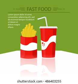 Fast food concept banner. French fries and drink soda on green background. Fast food on a white table with reflection. Flat vector illustration.