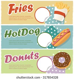 Fast food concept banners flat style. Fries, HotDog and Donuts. Template with text window - Vector Illustration, Graphic Design, Editable For Your Design