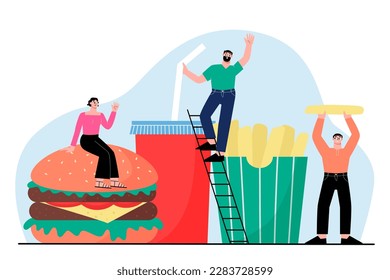 Fast food concept. Burger menu with drink and fried potatoes. Cute flat characters and meal, sandwich and paper cup. Modern lifestyle sapid vector scene