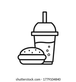 Fast food concept, Burger with soft drink sign on white background, Paper glass with drinking straw and burger icon in outline style. Vector graphics