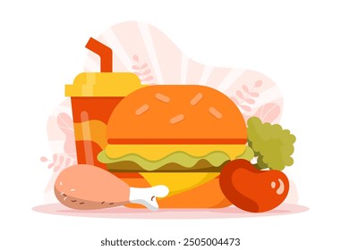 Fast food concept. Chicken leg, hamburger, fries, tomato and soda. Takeaway eating and street food. Cafe and catering menu. Flat vector illustration isolated on white background