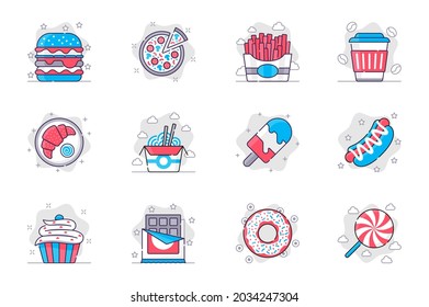 Fast food concept flat line icons set. Tasty unhealthy foods and sweets. Bundle of hamburger, pizza, fries, croissant, noodles, ice cream, other. Vector conceptual pack outline symbols for mobile app