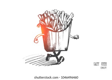 Fast food concept. Hand drawn french fries in a paper wrapper with hands and legs. Fried potatoes isolated vector illustration.