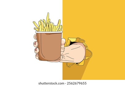 Fast food concept illustration. Hands are seen holding French fries as a promotion for fast food.