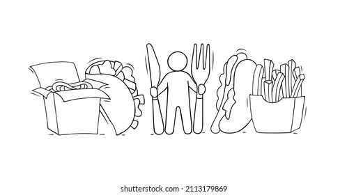 Fast food concept with people, hotdog, french fries, taco, pasta. Hand drawn vector illustration for menu design with unhealthy food.