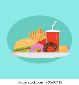 Fast food concept. Plate with a burger, hot dog, donuts, and cola. Vector Illustration