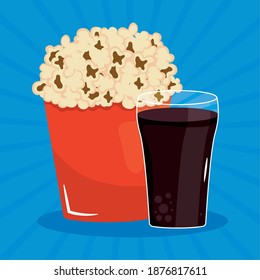 fast food concept, pop corn bucket and soft drink over blue background, colorful design, vector illustration