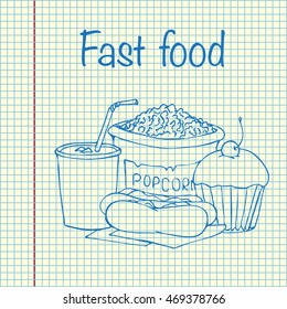 Fast food concept. Popcorn, soda takeaway. Hand drawn vector stock illustration. Sheet ball pen drawing.