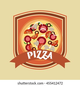 Fast food concept represented by pizza icon inside shield shape. Colorfull and vintage illustration. 