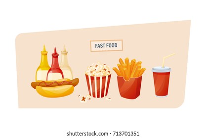 Fast food concept. Set of delicious food, sauces and drinks from fast food. Hot hot dog with different sauces, popcorn, potato fries, and cool drink. Vector illustration isolated.