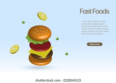 Fast food concept. Stack of burger ingredients, bread, meat, cheese, beetroot, and vegetables fallen. 3D realistic vector for food advertising, template and web banner.
