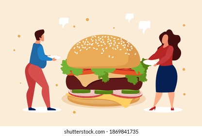 Ilustración vectorial del concepto de comida rápida. Gente gorda de caricatura sosteniendo platos en las manos, personajes hambrientos con sobrepeso parados al lado de una enorme hamburguesa insalubre para comer comida callejera en un café, fondo de comida chatarra