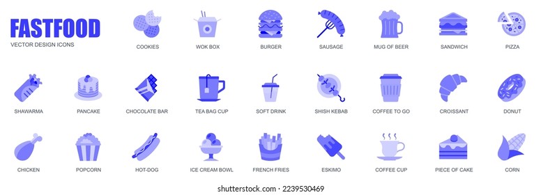 El concepto de comida rápida de los iconos de la web se establece en un simple diseño plano. Paquete de galletas, wok box, hamburguesa, salchicha, sándwich, pizza, shawarma, crepes, barra de chocolate y otros. Pictogramas azul vectorial para aplicación móvil