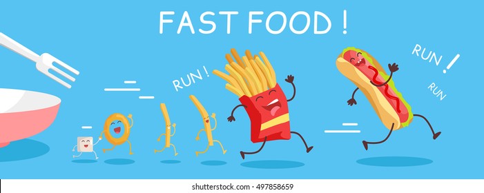 Fast food conceptual banner. Funny food products run from the plate. Fries, donuts, hot dog characters in cartoon style. Happy meal for children. For childish menu poster. Vector design illustration