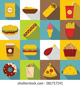 Fast food cons set. Flat illustration of 16 fast food vector icons for web