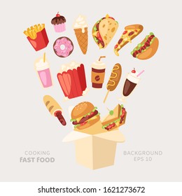 Fast food cooking vector illustration. Cartoon unhealthy burger sandwich, hamburger, pizza and hot dog, ice cream and french fries flying from box. Fast food meal restaurant delievery, snacks 10 eps.