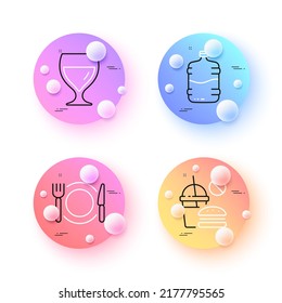 Fast food, Cooler bottle and Wine glass minimal line icons. 3d spheres or balls buttons. Restaurant food icons. For web, application, printing. Vector