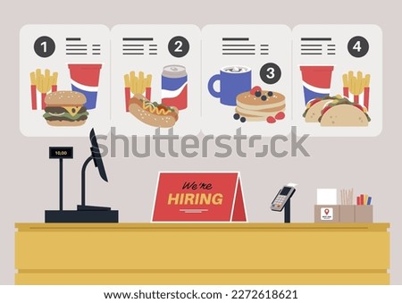 Fast food counter, we're hiring sign, cash register, pos terminal, display menu