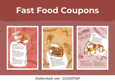 Fast Food Coupons Collection Engraved Vector Illustration. Restaurant Special Offer Sale Discount Advertising Promo For Burger, Pizza French Fries And Drinks. Junk Meal Menu Advertising Poster