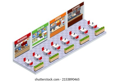 Fast Food Court. Isometric Coffee, Burgers, Salad and Pizza Place, Cafeteria, Restaurant Interior, Catering, Shopping Mall.