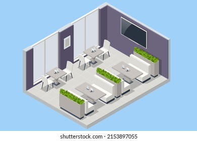 Fast Food Court. Isometric Sushi, Coffee, Ice Cream, Burgers, Salad and Pizza Place, Cafeteria, Restaurant Interior, Catering, Shopping Mall.