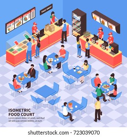 Fast food court with visitors sitting at tables and staff at counters with food containers isometric vector illustration