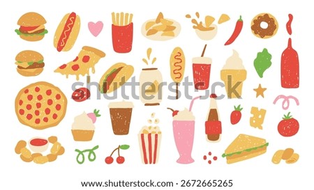 Fast Food Crayon Drawing Set. Hand drawn Street Eatery and Restaurant Elements with chalkboard texture. Quick Sketch Icons for menu design. Vector illustration