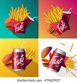 Fast food creative poster design set. Web graphics modern vector illustration. Premium quality logo design concept pictogram. Delicious meal banners.