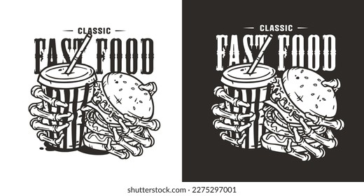 Fast food with cup and burger in skeleton hands. USA or american food with bones, striped cup and hamburger with meat, cheese and vegetable for logo or poster