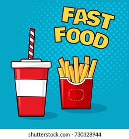 Fast food. Cup of drink with french fries on blue background. Vector illustration in pop art style