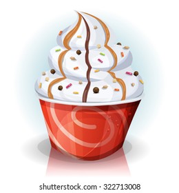 Fast Food Cup Of Ice Cream/
Illustration of a funny cartoon striped paper cup of ice-cream, with caramel syrup, nuts and chocolate sauce for fast food desserts and takeout menu